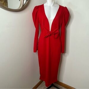CBR Red Plunging Neckline Puff Sleeves Bow Detail Dress XL New